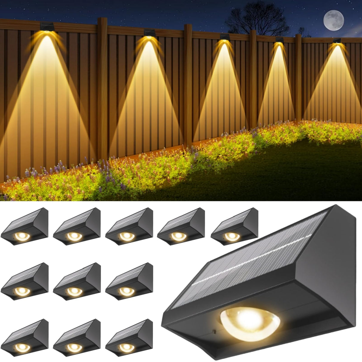Solar Fence Lights Outdoor Waterproof High Brightness LED Spot Lens Deck Lights 7 Mode Warm & Cool White RGB Solar Powered Wall Light Decor for Christmas Outside Patio Step Backyard Rail - 12 Pack