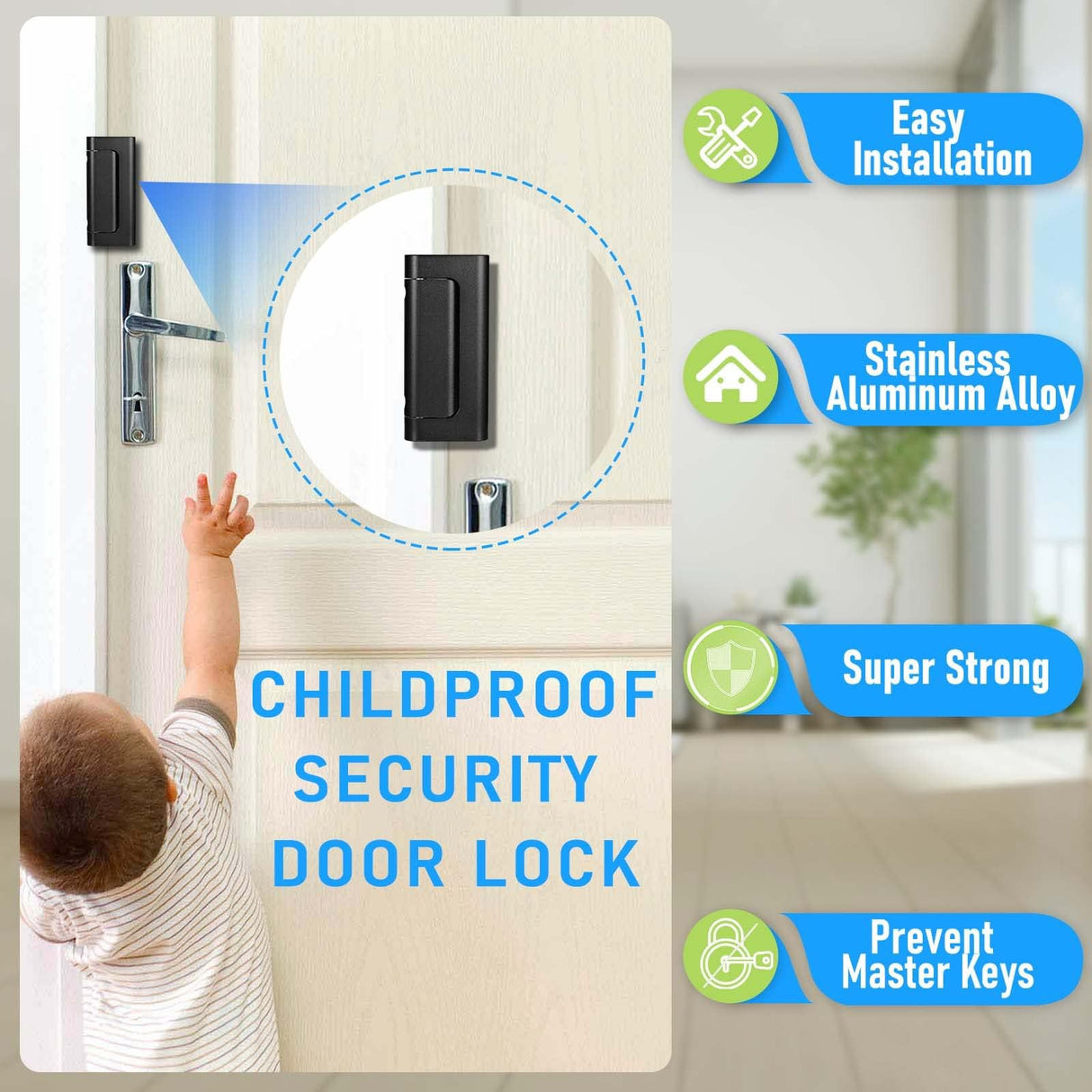 Steinwhale Door Reinforcement Lock, 4PACK Home Security Door Lock Withstands 800 lbs, Childproof Top Door Lock Latch for Toddlers Safety, Inside Night Defender for Inward Swinging Doors