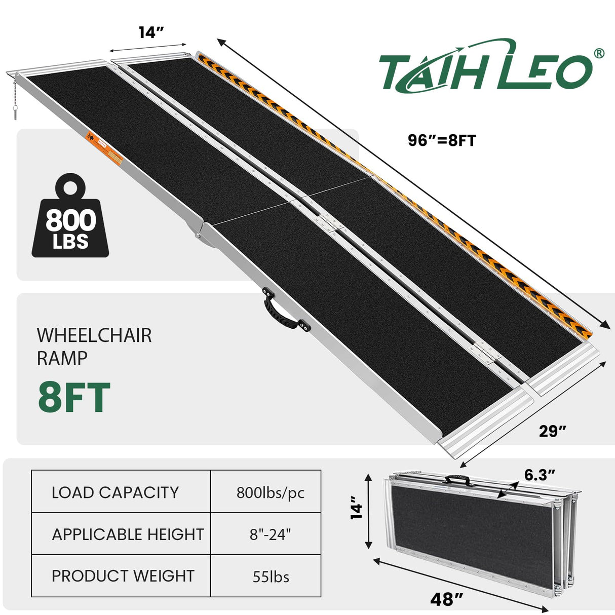 TaiH Leo Wheelchair Ramp 8 Feet, Portable Ramps for Wheelchairs for Home, 800LBS Capacity Folding Non-Slip Aluminum Handicap Ramp, Wheel Chair Ramp for Home Steps, Stairs, Doorways, Car, Curbs
