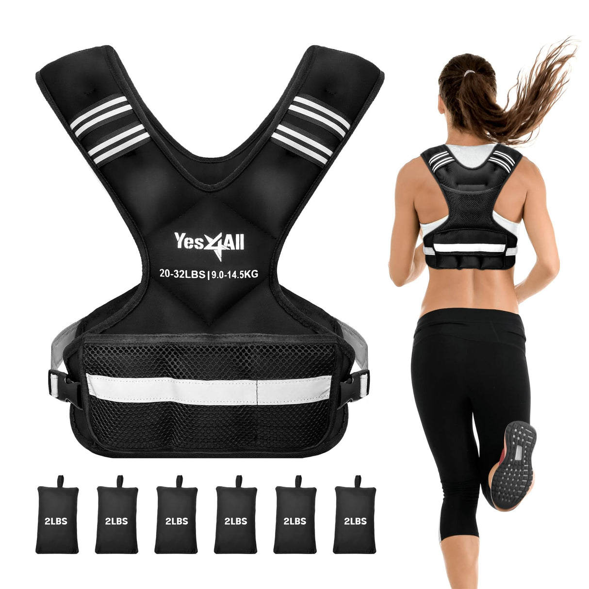 Yes4All Adjustable Weighted Vest 20-32lbs with Reflective Strip, Weight Vest for Strength Training for Men & Women, BLACK_20-32LBS, Large