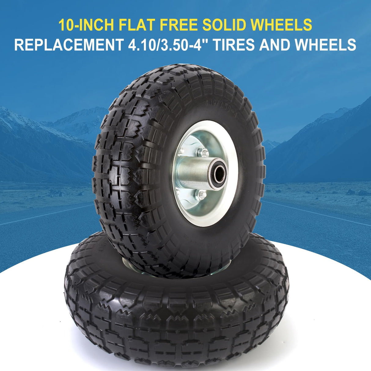 RRQ 10 Inch Solid PU Tire and Wheel, Flat Free 4.10/3.50-4" Tire, 2 Pack
