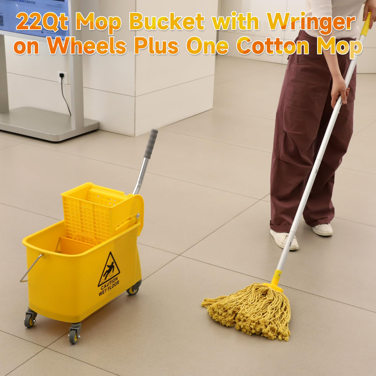 Mop Bucket with Wringer, 22 Qt (5.5 Gallon), Floor Cleaning, Handle, Wheels, 16.5" L x 10.6" W x 26.4" H, Yellow,Plus One Cotton Mop