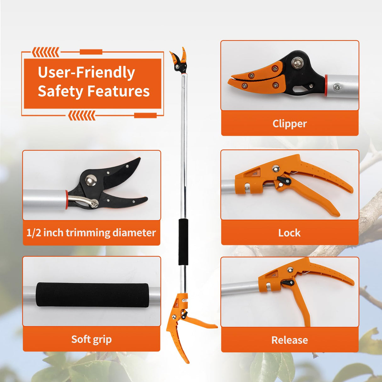 3.5 ft (1.0m) Cut & Tree Trimmer for Precision Gardening Pruning & Fruit picking, 40 in Long Reach Pruning Shears - Lightweight Aluminum Rust-Resistant Picker, Branch Bypass Loppers(1/2" Max Cut)