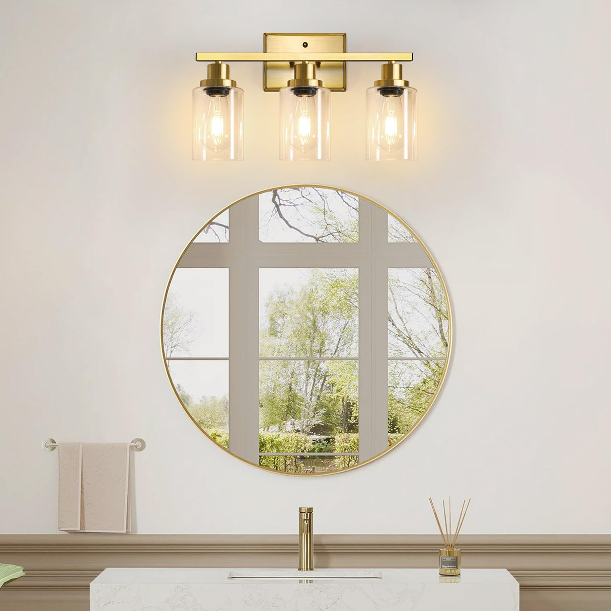 Ascher Bathroom Vanity Light Fixtures, 3 Light Wall Sconces Lighting with Clear Glass Shade, Gold Wall Lights for Mirror, Kitchen, Living Room, Gallery, E26 Base (Bulbs Not Included)