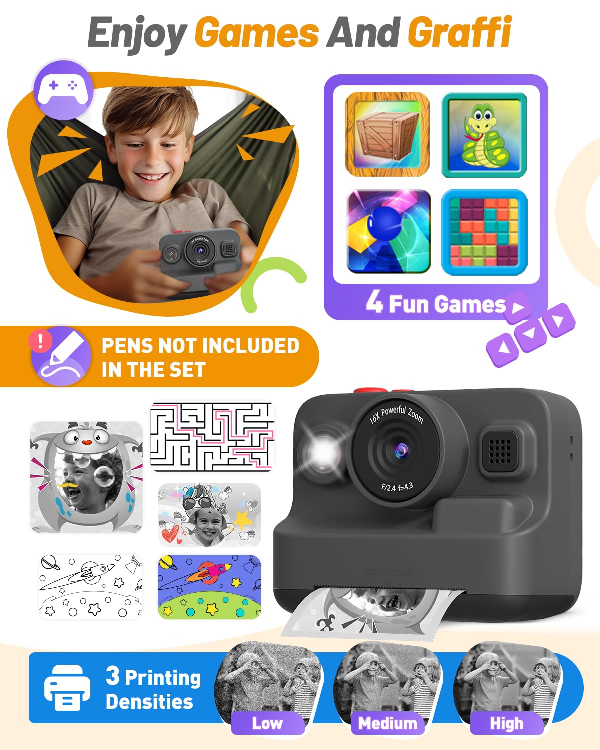 Yehtta Kids Camera Instant Print, Christmas Birthday Gifts for 3-12 Year Old Boys Girls, 2.4in Screen 1080P Kids Digital Camera Toys for Kids Age 3 4 5 6 7 8 9 10 with 3 Rolls Print Paper 32G Card