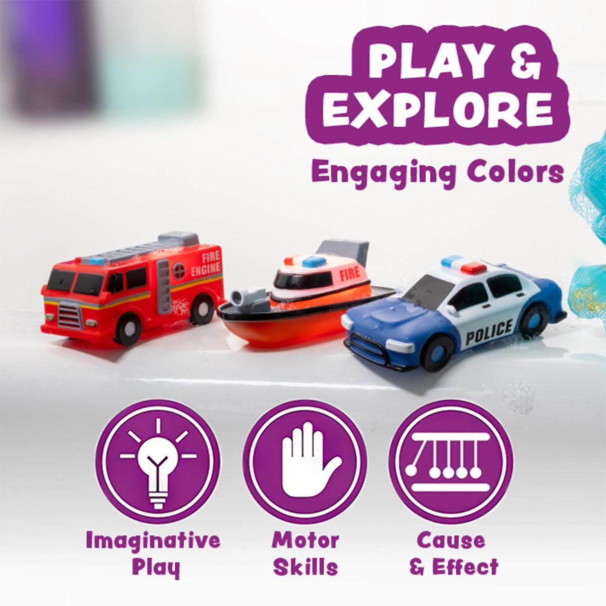 Tub Works® Emergency™ Cars Light Up Bath Toys, 6 Pack | Water-Activated Light Up Toys Flash & Change Color | Soft, Squeezable Baby & Toddler Bath Toys | Sensory Toys with Bath Lights for Kids Bath