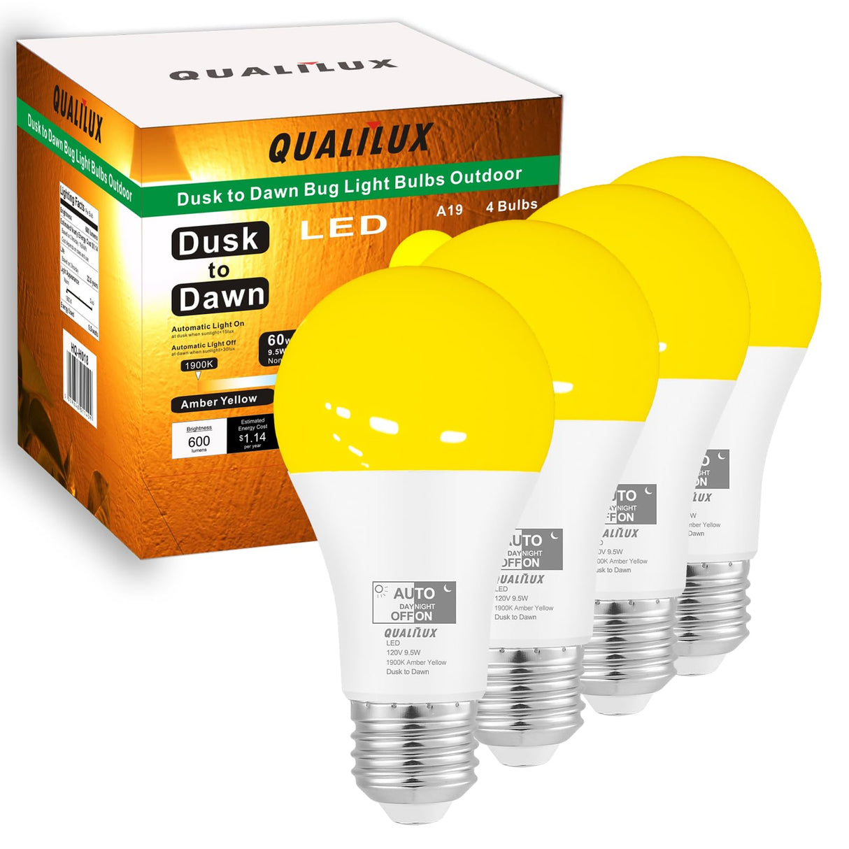 Qualilux Dusk to Dawn A19 LED Bug Light Bulbs Outdoor, 1900K Amber Yellow, 600 Lumen, 9.5W, E26, 4-Pack, HQ-H018