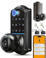Veise VE018 Smart Knob Handle Lock - Fingerprint, App Control, Keyless Entry for Front Door and Bedroom, Electronic Digital Keypad, Auto Lock, Remote Access Sharing, Easy Installation, Matte Black
