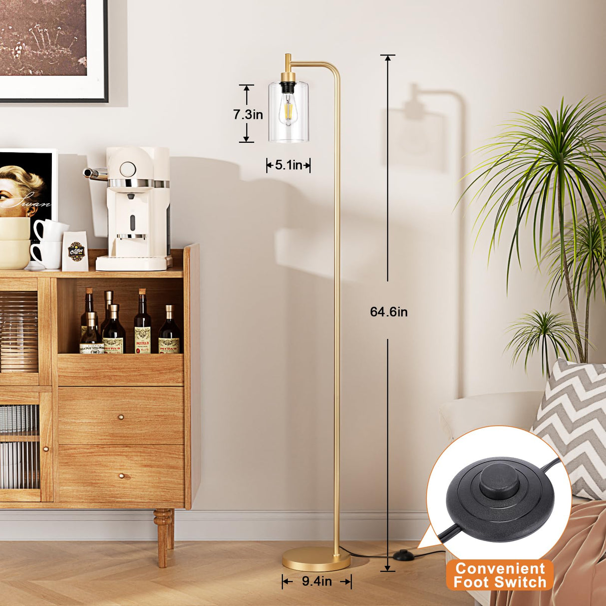 Ziisee Floor Lamps for Living Room - Industrial Standing Lamp with Glass Shade, Modern Gold Floor Lamp with LED Bulbs, Farmhouse Floor Lamp for Bedroom, Tall Lamp for Office - Gold