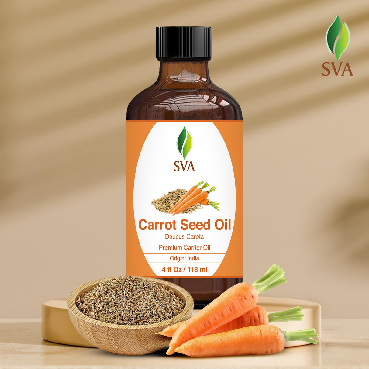 SVA Carrot Seed Oil - 4 Fl Oz – 100% Natural Cold Pressed Carrot Oil - for Face, Skin Care, Hair Care, Scalp Massage & Body Massage – Carrier Oil with Dropper