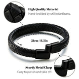 Tiwindx 6 Pcs Leather Bracelet for Men Black Braided Steel Cuff Layered Bracelets Men's Braided Bracelet Set