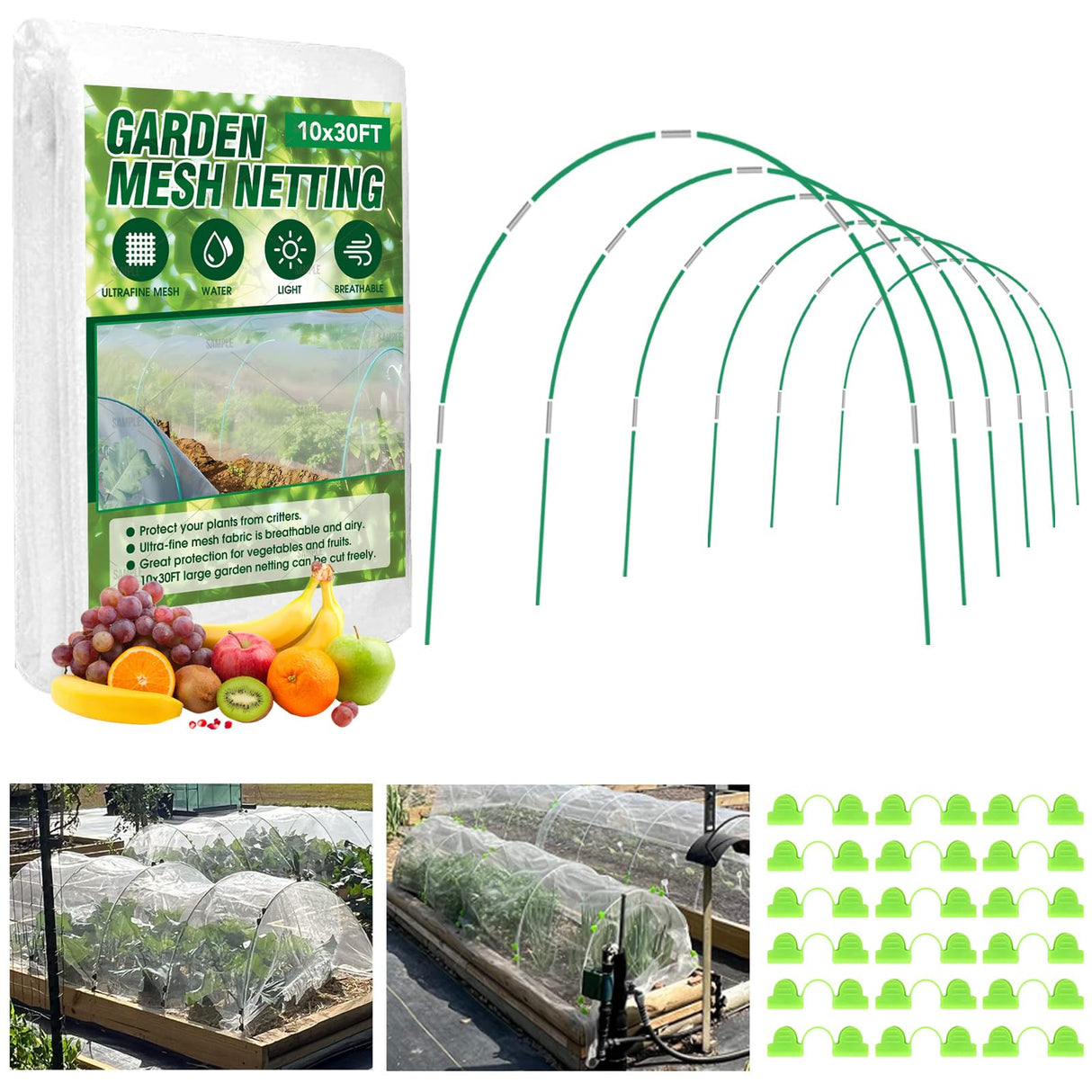 JCKHXG Garden Netting Kit, 10x30FT Ultra Fine Mesh Netting ＆6 Sets of 8FT Fiberglass Garden Hoops for Raised Beds, Vegetable Plants Fruits Flowers Birds Animals Barrier Protection Net