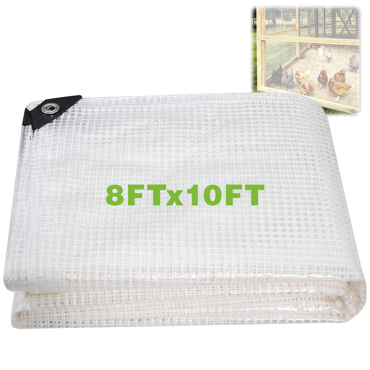 8Ftx10Ft Clear Greenhouse Plastic Covering, 16Mil Thickness Heavy Duty Clear tarp for Chicken coop, Greenhouse Plastic sheeting with Hemmed Edges & preinstalled Grommets.