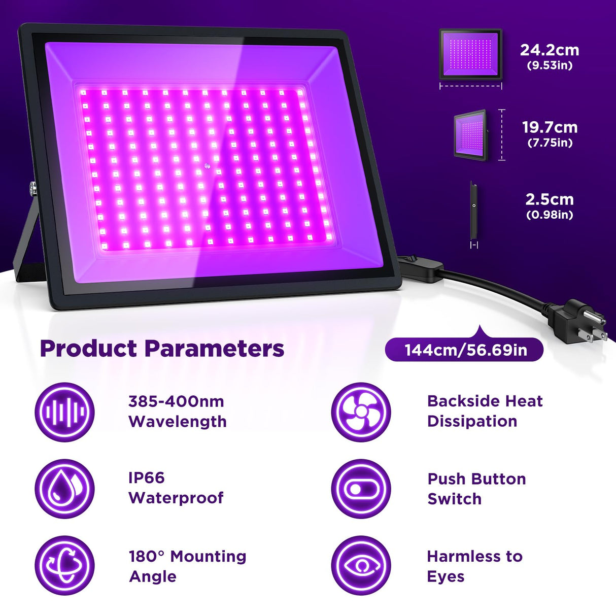 150W UV Black Light, 2 Pack Powerful IP66 Waterproof LED Lamps for Neon Glow Party, Halloween, Christmas Decor and Art Displays in Large Space (150W (2 Pack))