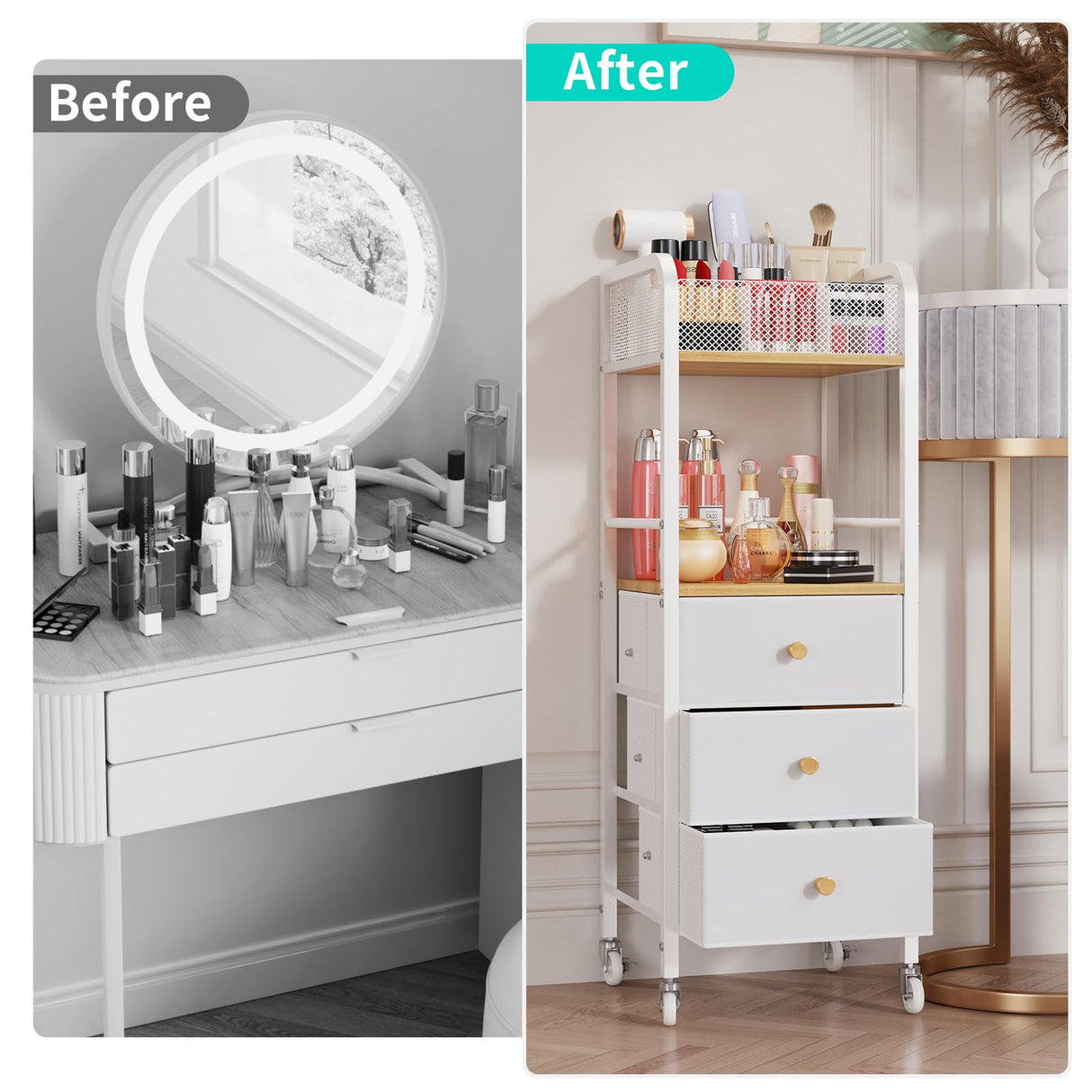 HapiRm Rolling Makeup Cart Organizer - Floor Skincare Make Up Storage with 3 Drawers, Vanity Organizer Cosmetic Display Cases Holder for Skin Care Perfume Nail Polish Brush Hair Tool