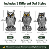 3-Pack Owl Decoys for Bird Deterrent - Weatherproof Bird Repellent Devices for Outdoor Use - Plastic Owls to Scare Birds Away and Control Garden Pests