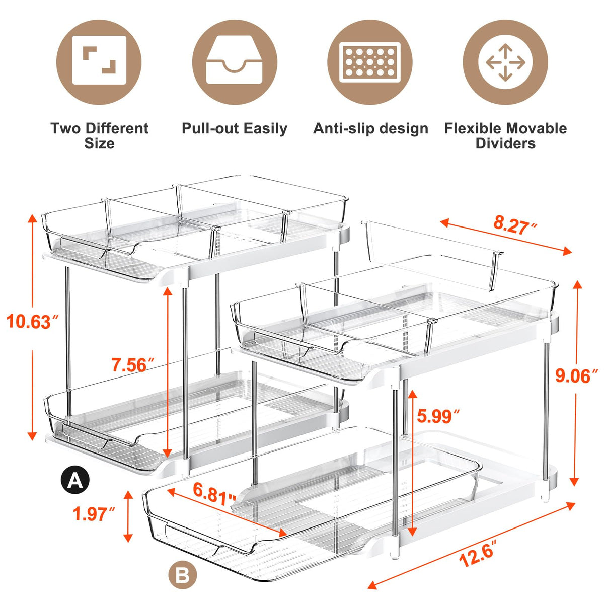 Delamu 2-Tier Multi-Purpose Bathroom Under Sink Organizers and Storage, Stackable Kitchen Pantry Organization, Pull Out Medicine Cabinet Organizer with Movable Dividers, White, 2 Pack