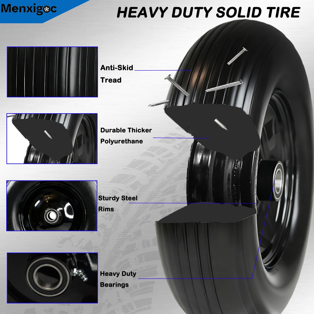 4.80/4.00-8 Solid Wheel with 1" Bore, 4.80-8 Tire with 3" Centered Hub - Complete Kit Includes Bearings & Spacers - for Wheelbarrow Log Splitter Wheel Barrel Yard Cart Garden Wagons - 2Pack
