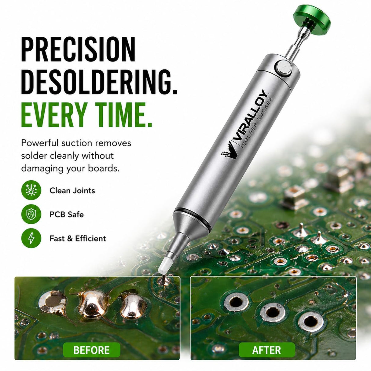 Solder Sucker Tool No Clog Silicone-Tip Manual Desoldering Pump Soldering Accessories for Solder Remover – Unrivaled Suction • No Power Needed • Ultra Low-Maintenance • Best-in-Class Desoldering Gun