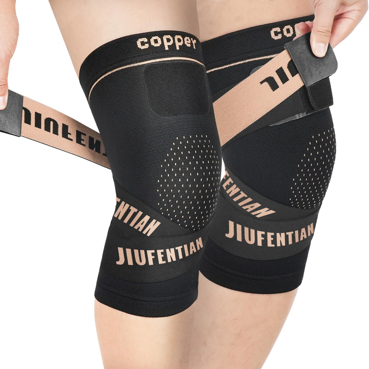 JIUFENTIAN Knee Support for Women and Men with Strap (2pack) Copper Knee Brace for Women Arthritis Pain-Knee Sleeves for Working Out,Running and Knee Pain Relief(Medium)