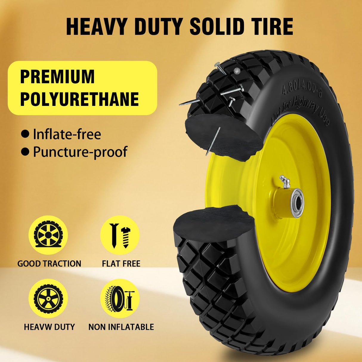 4.80/4.00-8" Tire and Wheel Flat Free 16", Solid Wheelbarrow Tire with 5/8" & 3/4" Bearings 3" Centered Hub, 14"-16" Universal Fit Wheelbarrow Tires for Hand Truck/Garden Trailer/Trolley/Wagon (1)
