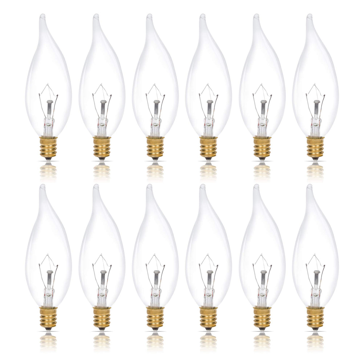 Simba Lighting Candelabra Flame Tip Clear CA10 40W E12 Base 120V, 12 Pack