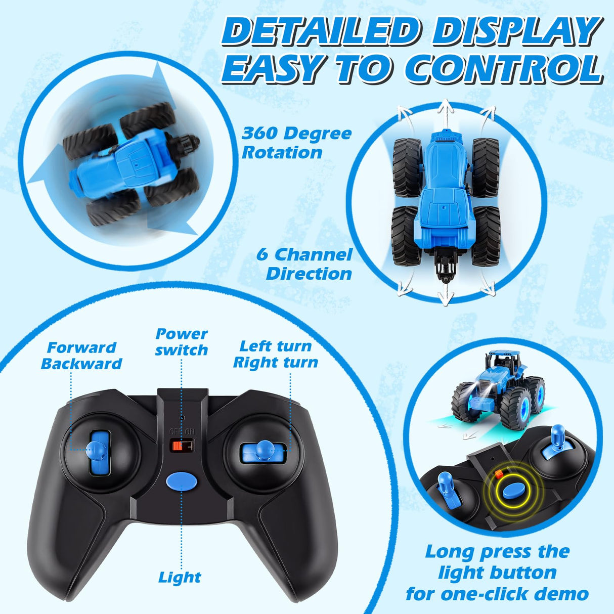 Remote Control Monster Tractor Toy for 3, 4, 5, 6, 7 years old, Blue Light Up Monster Trucks Toy with LED Lights Toddlers RC Farm Vehicle Toys for Boys ＆ Girls Ideal Christmas, Birthday Gifts for Kids