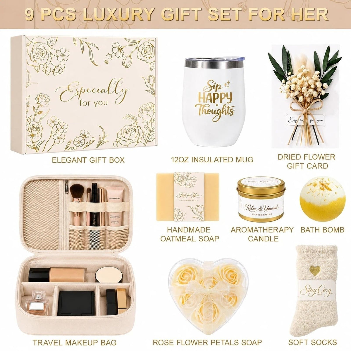 BodyRefresh Birthday Gifts for Women, Christmas Self Care Spa Gift Basket with Empty Makeup Bag, Thinking of You Care Package Gift Box, Get Well Soon Gifts for Women, Mom, Friend, Sister, Gift Set