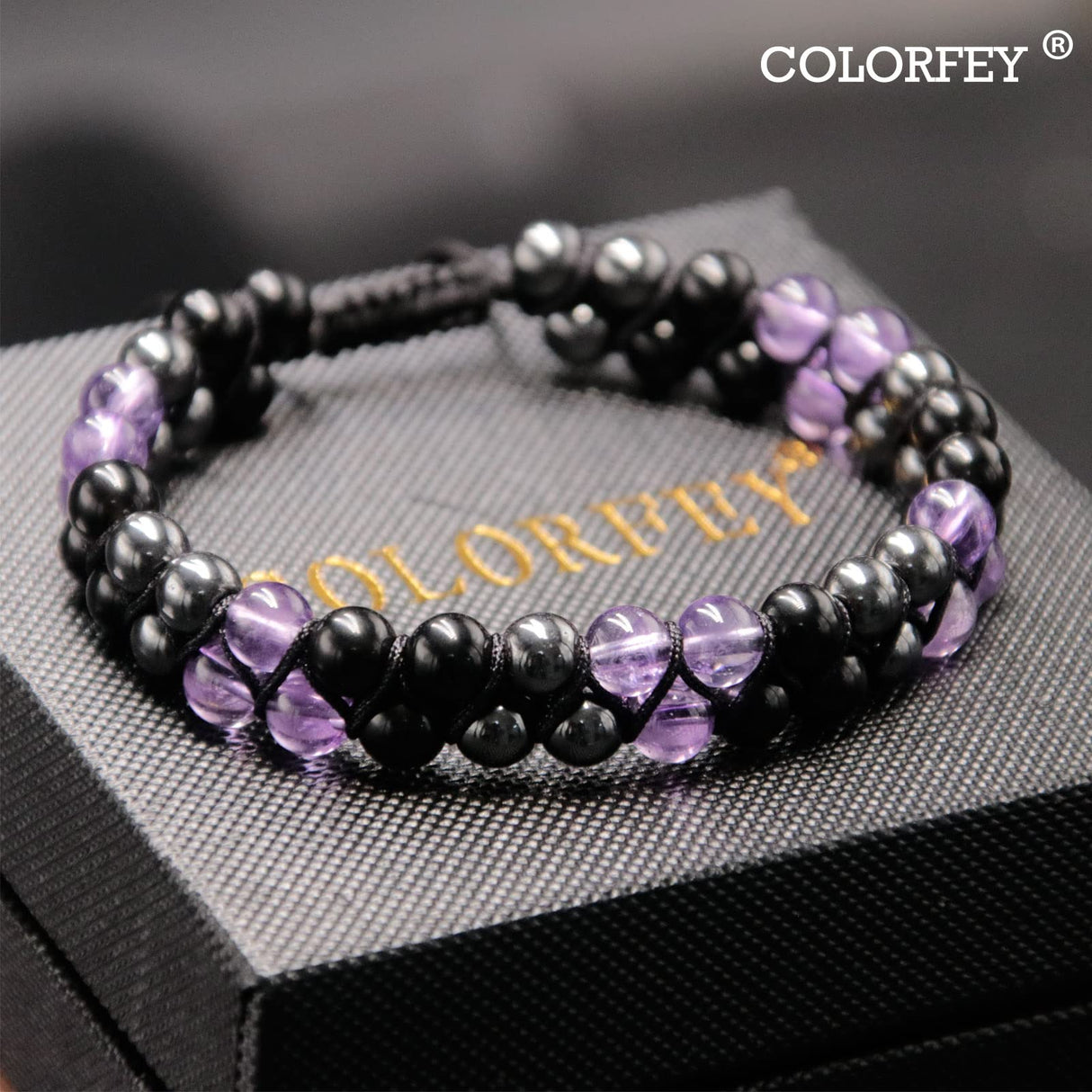 Triple Protection Bracelet for Women, Genuine Healing Crystal Bracelet Amethyst Black Obsidian Hematite 6mm, Pyramid Energy Crystal Beads Bracelet Christmas Gifts for Mom Wife for Protection Balance