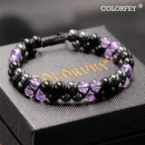 Triple Protection Bracelet for Women, Genuine Healing Crystal Bracelet Amethyst Black Obsidian Hematite 6mm, Pyramid Energy Crystal Beads Bracelet Christmas Gifts for Mom Wife for Protection Balance
