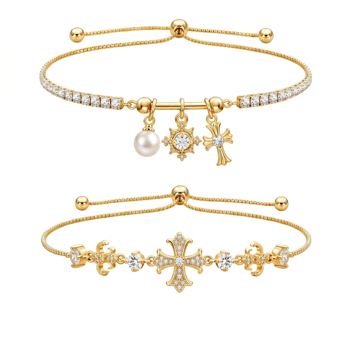 14K Gold Bracelet for Women | Cross Charm, Adjustable Slider-2Pcs