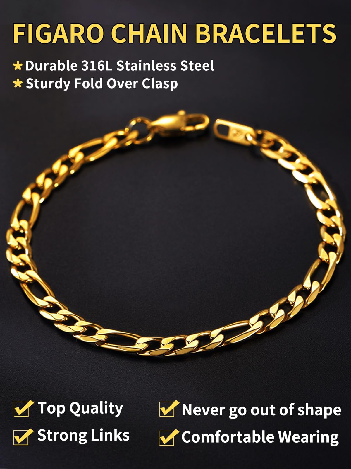 Gold Figaro Bracelet Men&Women Bracelet 6mm 8.3/'' Golden Wrist Chain Bracelet Gift