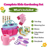 Pink Kids Gardening Tools - Includes Sturdy Tote Bag, Watering Can, Gloves, Shovels, Garden Stakes, and a Delightful Children's Book How to Garden Tale - Kids Garden Tool Set for Toddler Age on up.