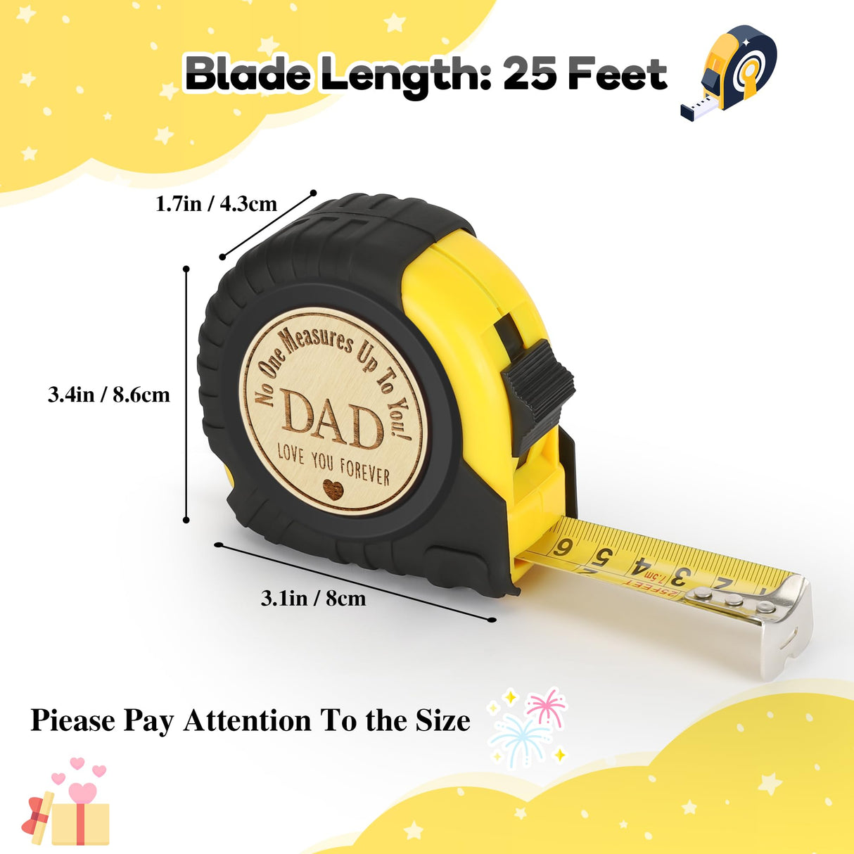 Fathers Day Birthday Gift for Dad, Dad Gifts from Son Daughter, Gift for Best New Daddy Father in Law Presents Useful Stuff, Tool Woodworker Carpenter Gift, Engraved Tape Measure 25 FT