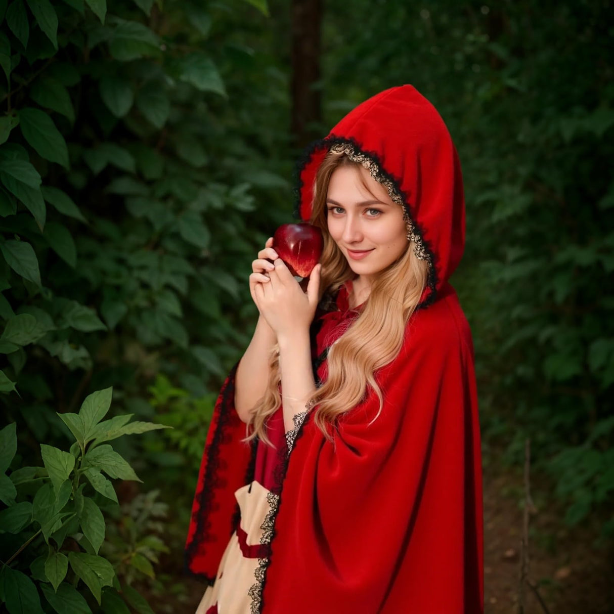 Colorful House Velvet Red Riding Hooded Cape Halloween Christmas Cloak(Black Lace Bright Red,23.62'')