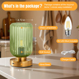 LightRound Cordless Table Lamp for Bedroom, 7500mAh Rechargeable Battery Operated Lamp, Modern Touch Dimmable Wireless Lamp Gold Base Green Glass Shade for Living Room, Desk, Led Bulb Included