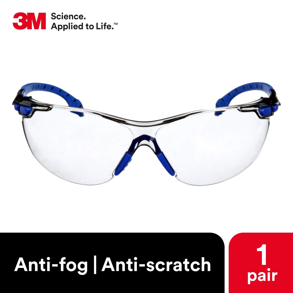 3M Safety Glasses, Solus 1000 Series, ANSI Z87, Scotchgard Anti-Fog, Indoor/Outdoor Grey Lens, Blue/Black Frame, Pack of 1