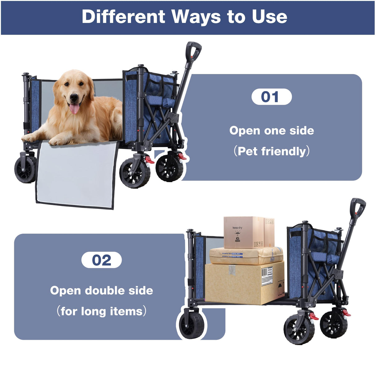 COMLAX FIELD Collapsible Wagon Cart Foldable with Big Wheels Brakes, 250lbs Folding Utility Lightweight Garden Wagon, Portable Grocery Cart for Camping Shopping Sports Pets, Blue