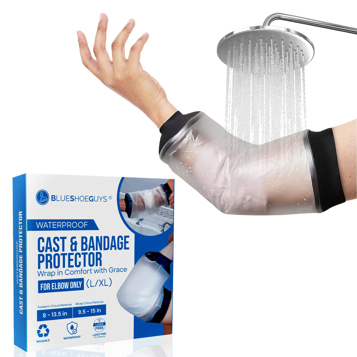 Blue Shoe Guys Reusable Waterproof Picc Line Cast Covers For Shower Arm, L/XL for Proper wound protection PICC Line Shower Cover and Waterproof Sleeve Protector for IV, Shower sleeve for Upper Arm