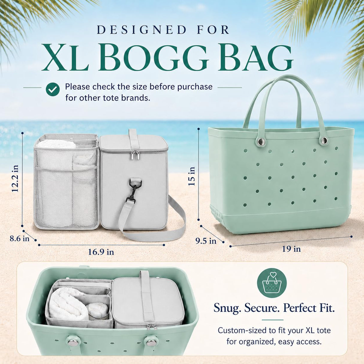 2-in-1 Cooler Organizer Insert Compatible with X Large Bogg Bag, No More Mess & Leaks, Beach & Pool Organizer for Travel & Picnic, Leak-Proof PEVA Insulated Cooler with Mesh Divider