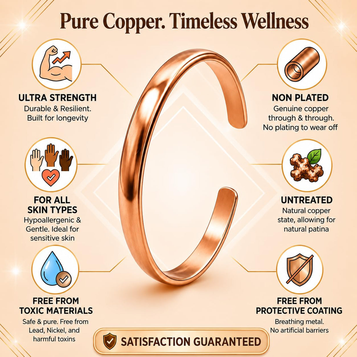 Healing Monk Pure Copper Bracelet for Men & Women – Handmade Uncoated Copper Jewelry Cuff – Adjustable Healing Copper Bracelets for Arthritis – Mens & Womens Copper Cuff Pulsera de Cobre (Healing)
