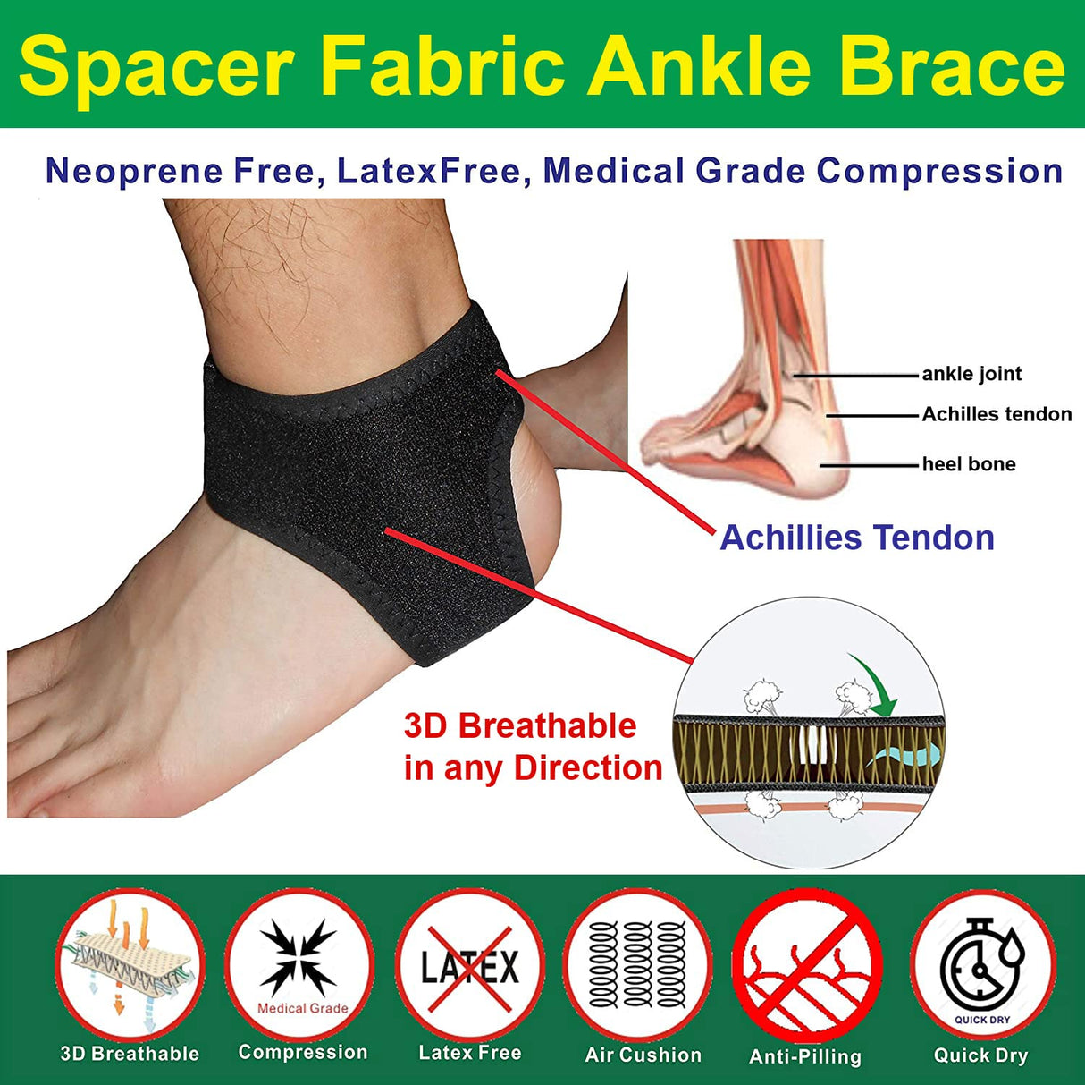 IRUFA, AN-OS-11,3D Breathable Elastic Knit Patented Fabric Adjustable Athletics Achillies Tendon Ankle Wrap, Plantar Fasciitis, Pain Relief for Sprains, Strains, Arthritis and Torn Tendons (L)