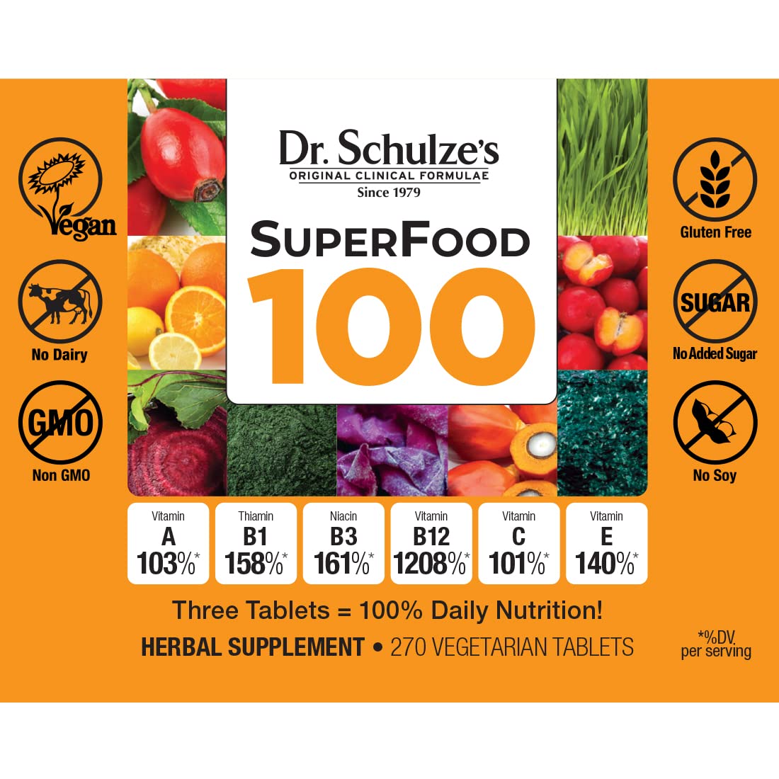 Dr. Schulze's Superfood 100 | Vitamin & Mineral Herbal Concentrate | Dietary Supplement | Daily Nutrition & Increased Energy | Gluten-Free & Non-GMO | Vegan & Organic | 270 Tabs