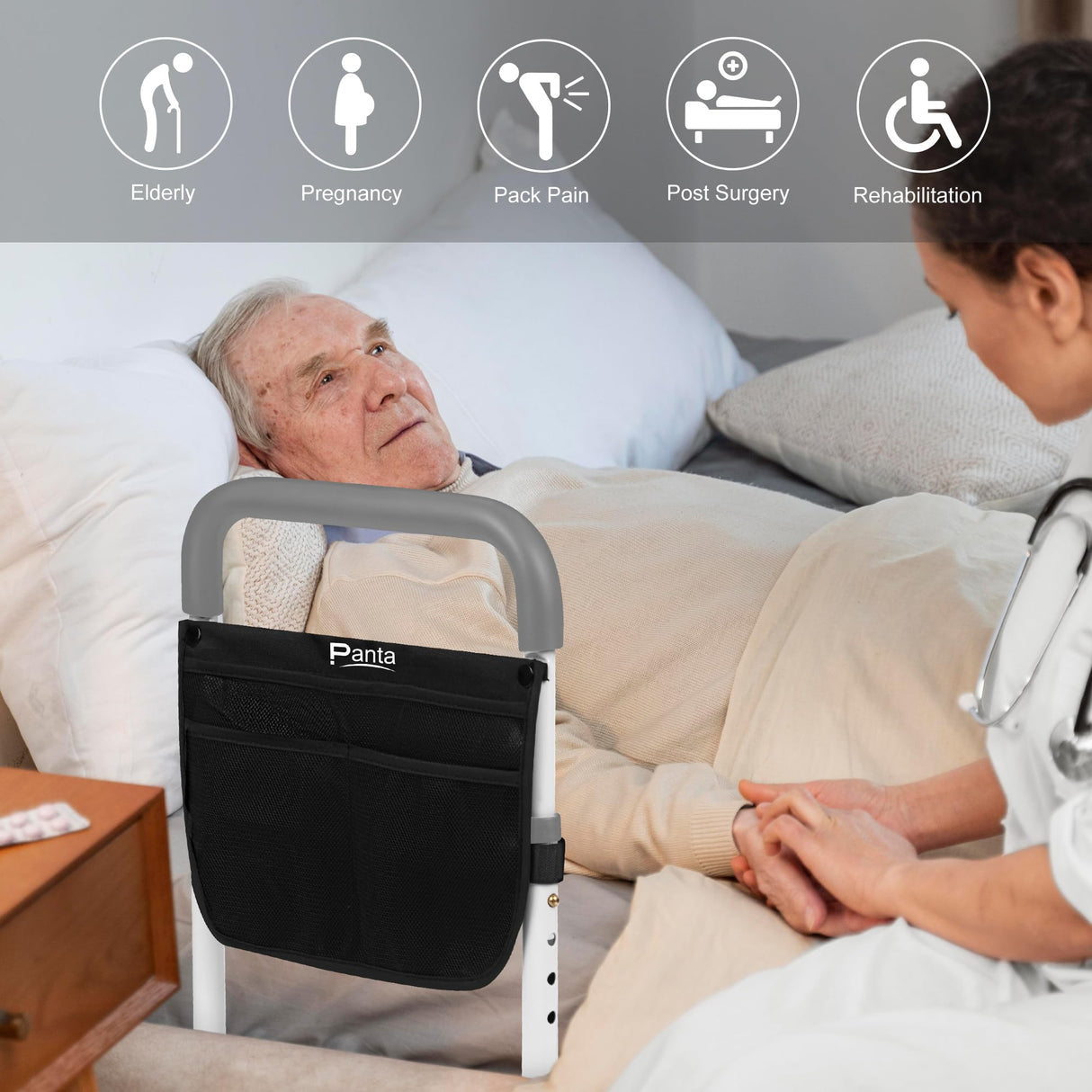 Panta Bed Rails for Elderly Adults, Adjustable Bed Assist Bar for Seniors, Medical Bed Safety Rail with Storage Bag and Fixing Strap, Portable Bed Cane Fit King, Queen, Full, Twin, Medium, Grey
