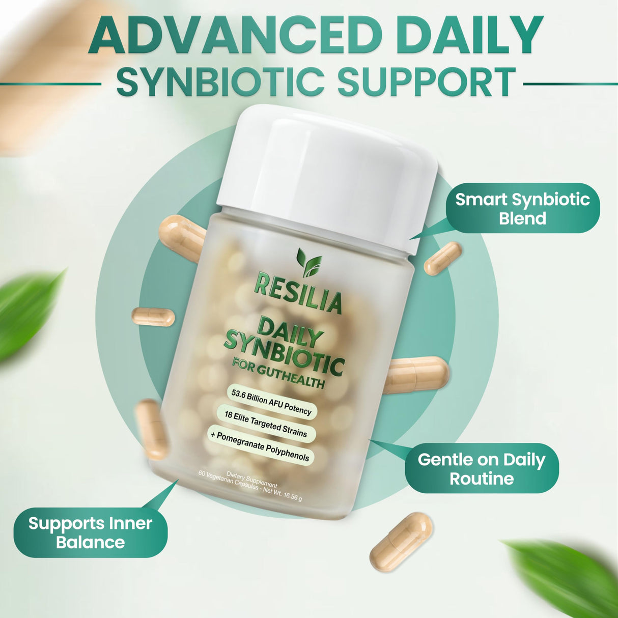 Resilia Synbiotic Probiotic + Prebiotic Supplement for Women & Men – 53.6 Billion AFU, 19 Strains, Shelf-Stable Capsules with Polyphenols, Digestive & Gut Balance Support, 60 Capsules