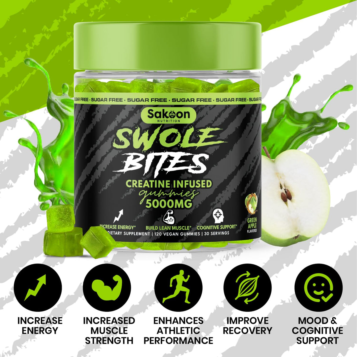 Sakoon nutrition 5000mg Creatine Monohydrate Infused Gummies | Increase Strength and Build Muscle, Sugar-Free, Vegan, Apple Flavor, 120 Count