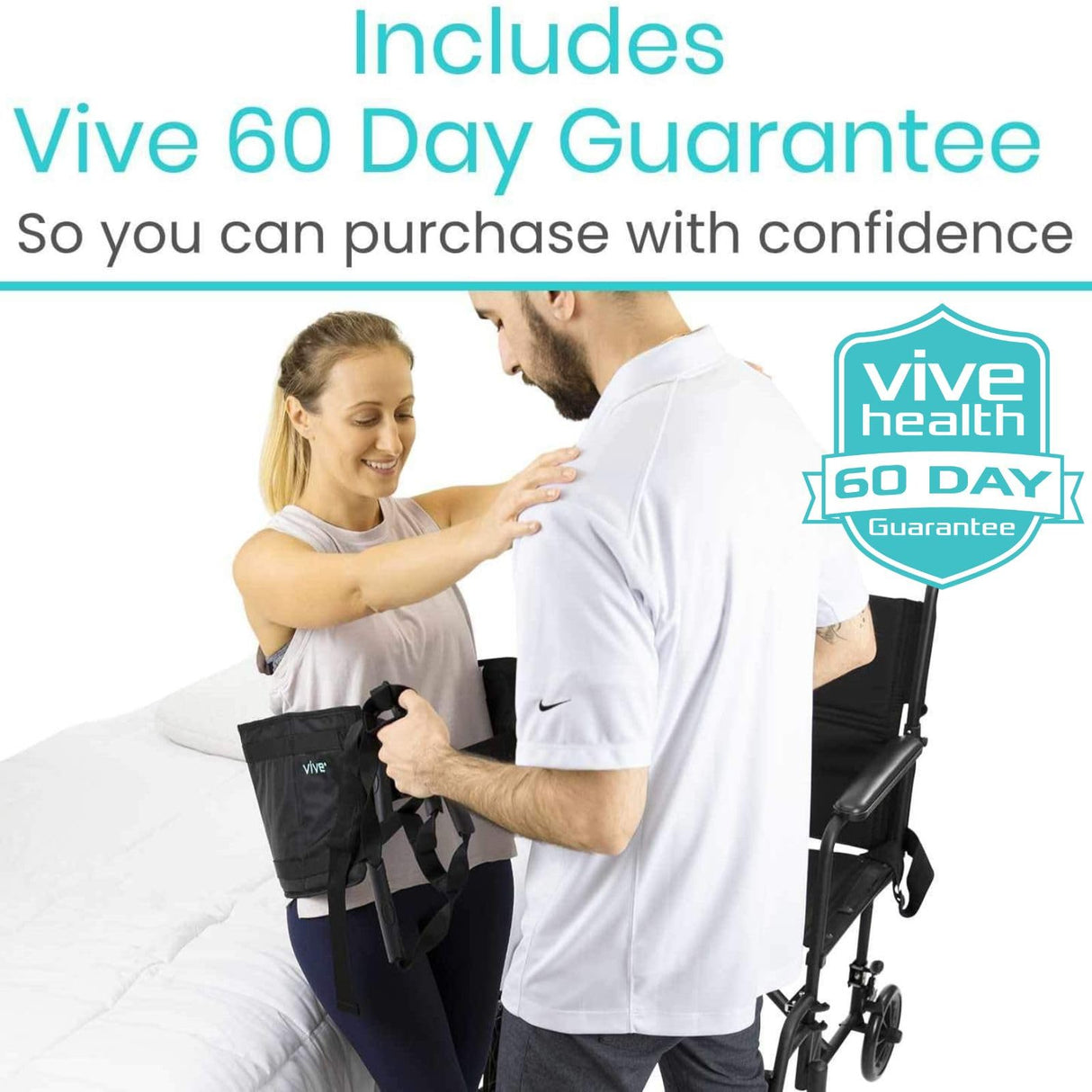 Vive Transfer Sling - Padded Assist Gait Belt - Heavy Duty Patient Lift with Straps - Mobility Standing and Lifting Aid for Disabled, Elderly, Seniors, Injured - Safely Move from Bed and Wheelchair