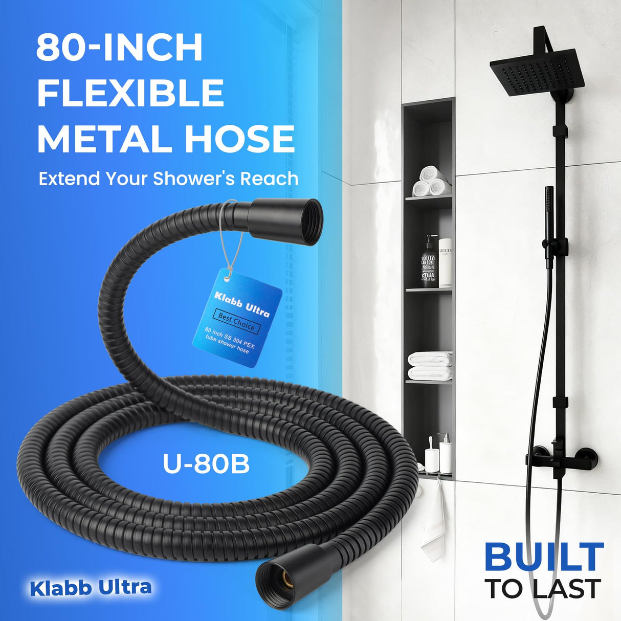 Klabb 80 Inch Extra Long Shower Hose, Matte Black Stainless Steel Shower Hose for Handheld Shower, Flexible Anti-Kink Design with 360° Reinforced PEX Inner Tube, 3.6 GPM, G1/2