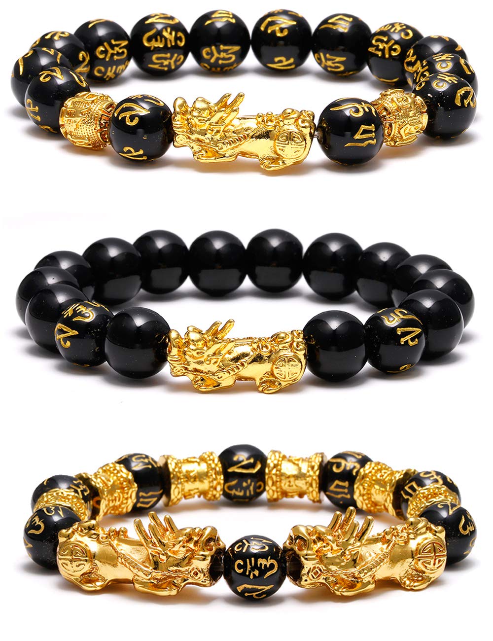 SOOWOOT Feng Shui Wealth and Luck Bracelet for Men and Women: 3Pcs Set with Pixiu and Black Obsidian, Brings Prosperity, Offers Protection, Attracts Good Fortune and Repels Evil Spirits