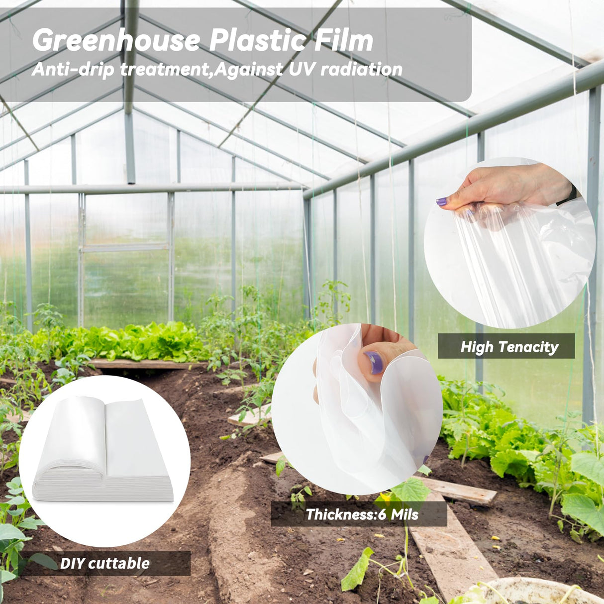Laapee Greenhouse Plastic Sheeting 8' x 25' 6 Mil, Clear UV Resistant Heavy Duty Polyethylene Film, Thick Greenhouse Cover for Garden, Farm, Agriculture